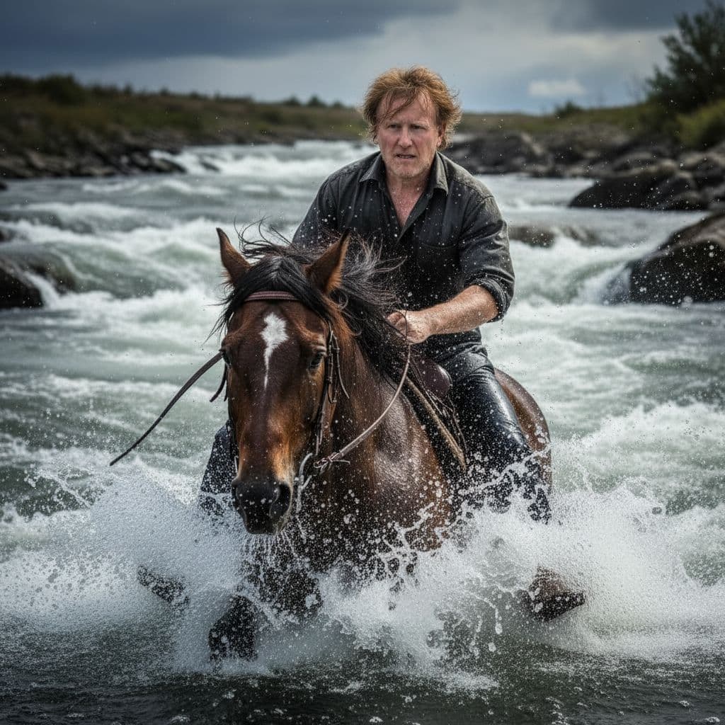 AI generated: bring movement to the river, the rider and the horse