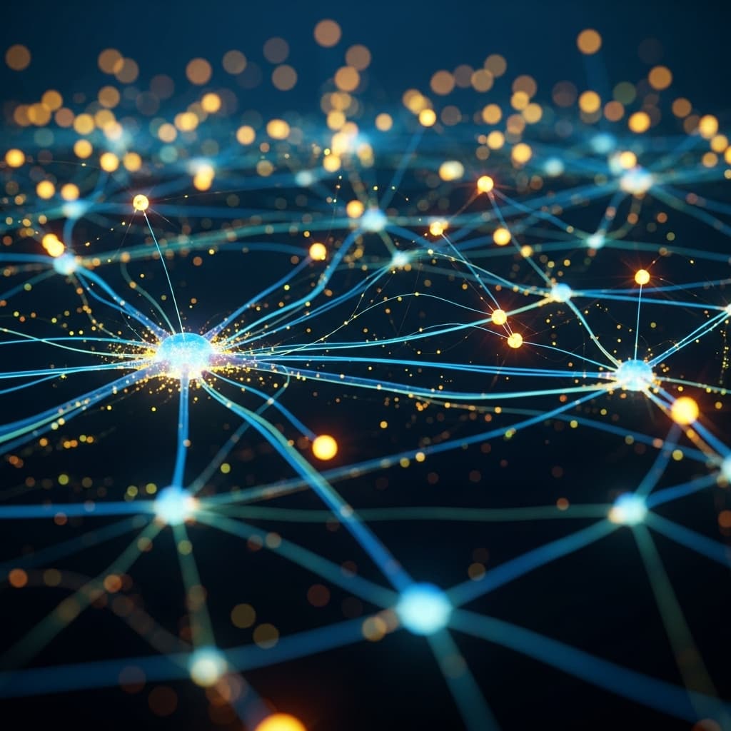 AI generated: digital neural network spreading across dark background, glowing electric filaments and synapses, vi...