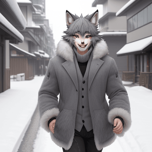 AI generated: A male therian kemono wolf with gray fur, smiling embarrased while walking down the street in winter...
