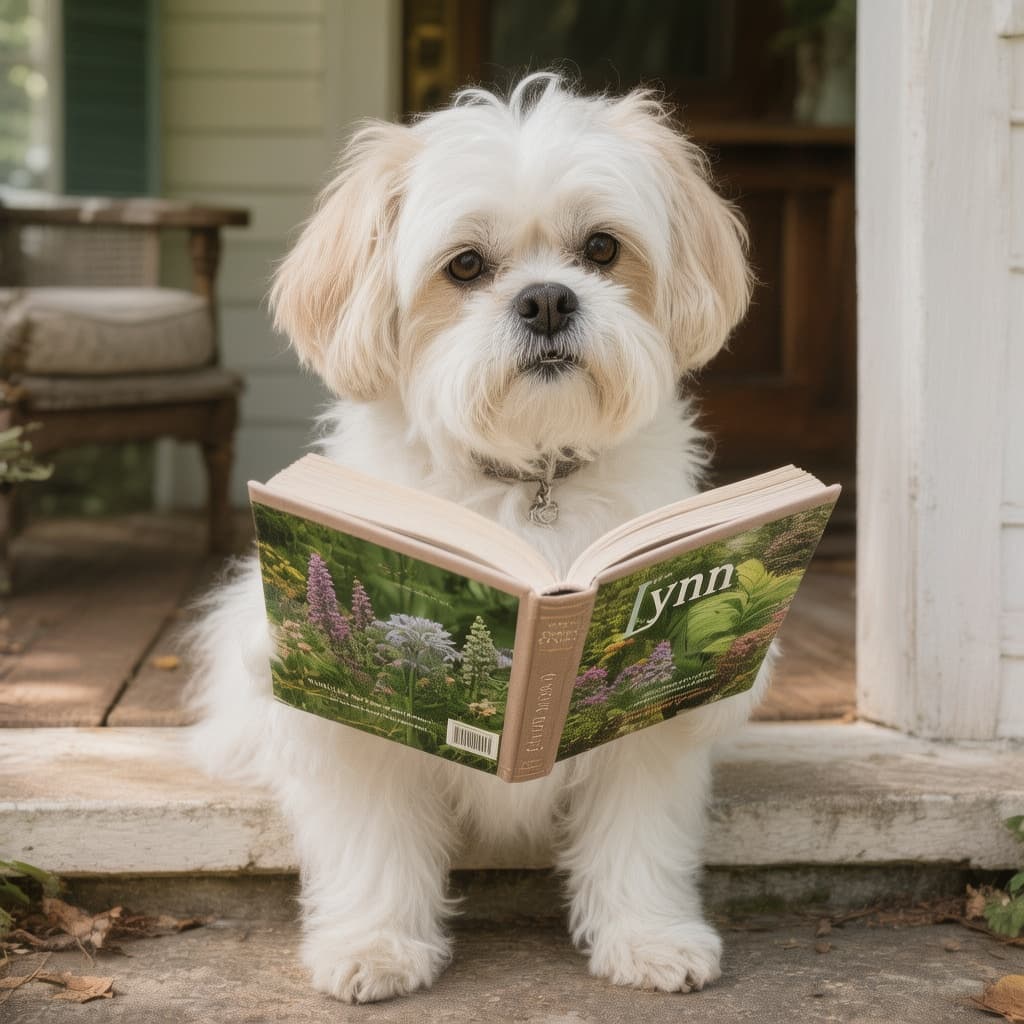 AI generated: Marble Maltese sitting on a porch step reading a book about nature with realistic movement, with the...