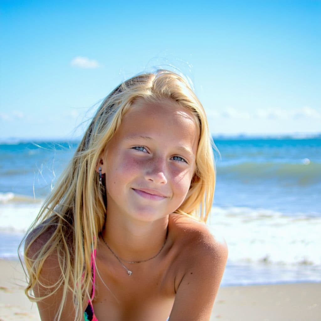 AI generated: blonde girl on the beach 12 years old