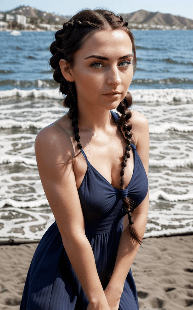 AI generated: Create an image of a highly attractive woman with dark hair braided. She is wearing a navy blue dres...