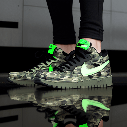 AI generated:  photograph, productive, Nike shoes, camouflage pattern, black, spectacular reflection, neon 