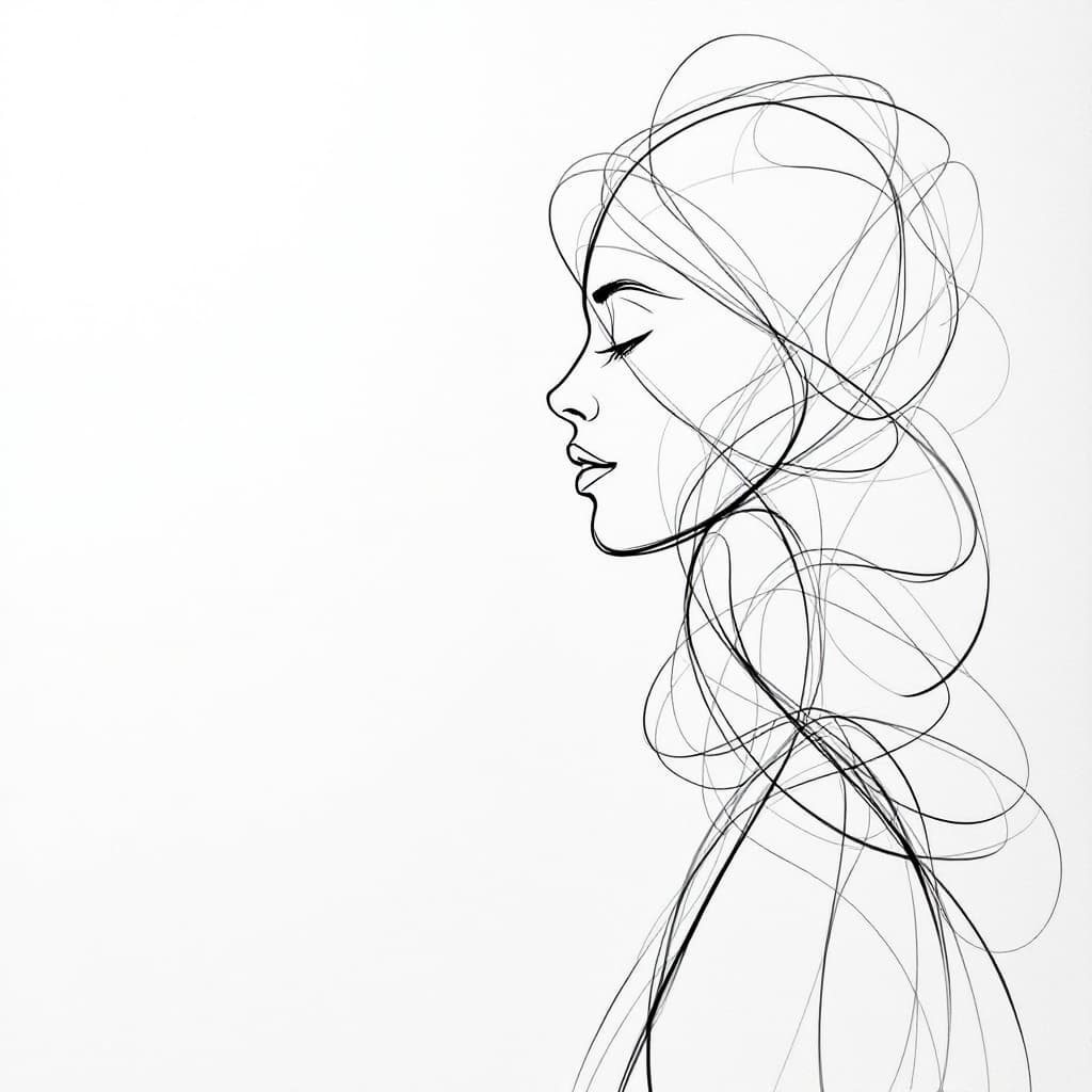 AI generated: Create a minimalist, abstract sketch of a woman, using very basic and delicate lines to define her f...