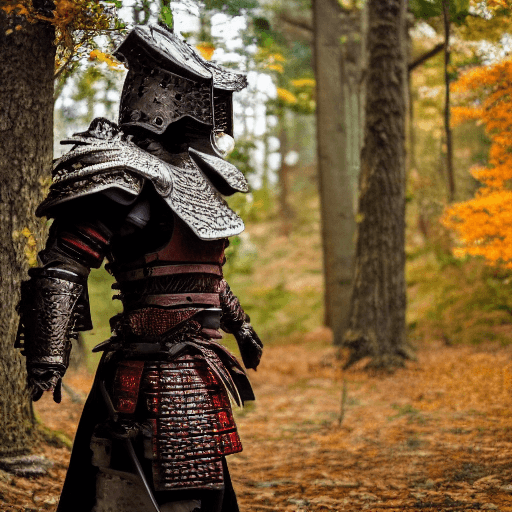 AI generated: a (dragon:1.2) samurai in plate armor (intricately detailed metal) walking through a forest, godrays...