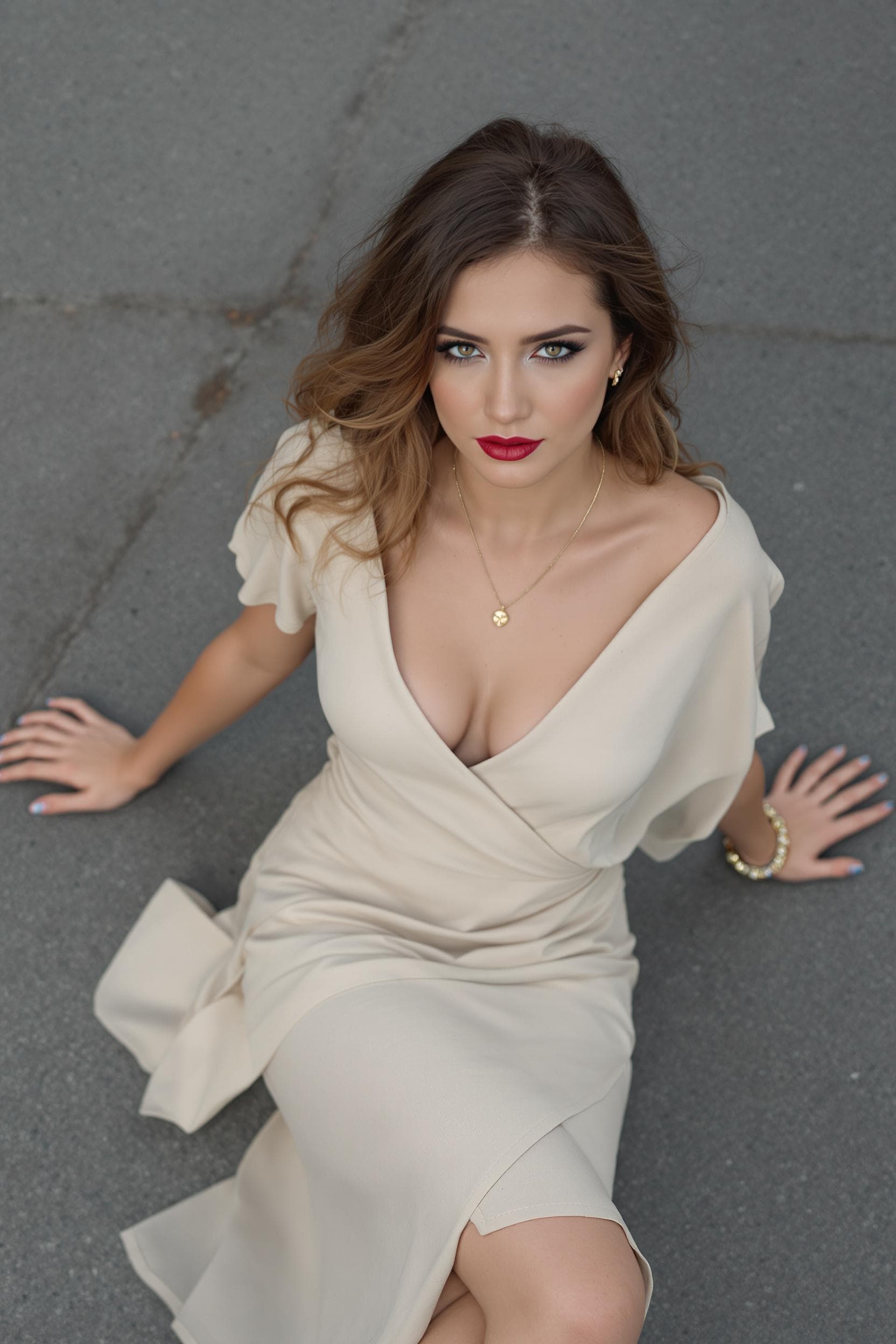 AI generated: This is a overhead photograph of a woman sitting outdoors on what seems to be concrete pavement, wea...
