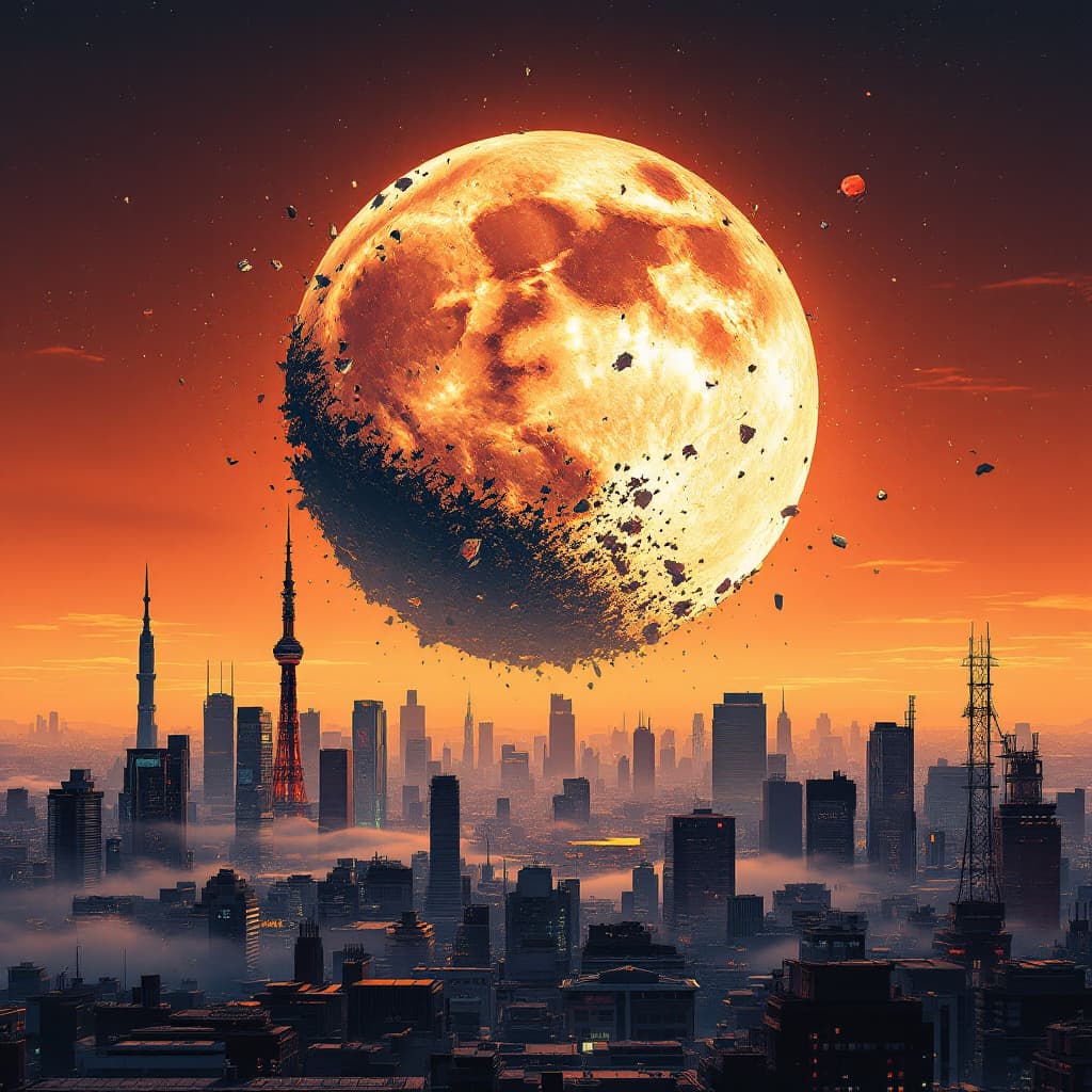 AI generated: sci-fi neo tokyo, in the style of akira, city skyline with part of the moon shattered and pieces of ...
