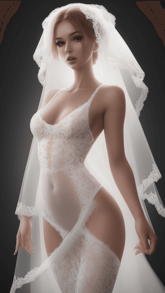 AI generated: create a really sexy and breathtaking bride in a incredibly minimal transparent lace wedding dress, ...
