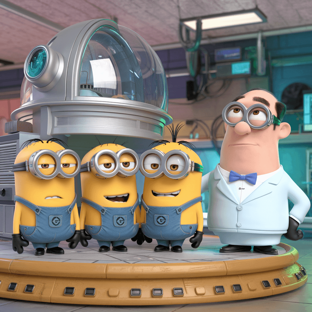 AI generated: A picture of the Minions and Professor Gadget's standing next to the time machine and being happy Mi...