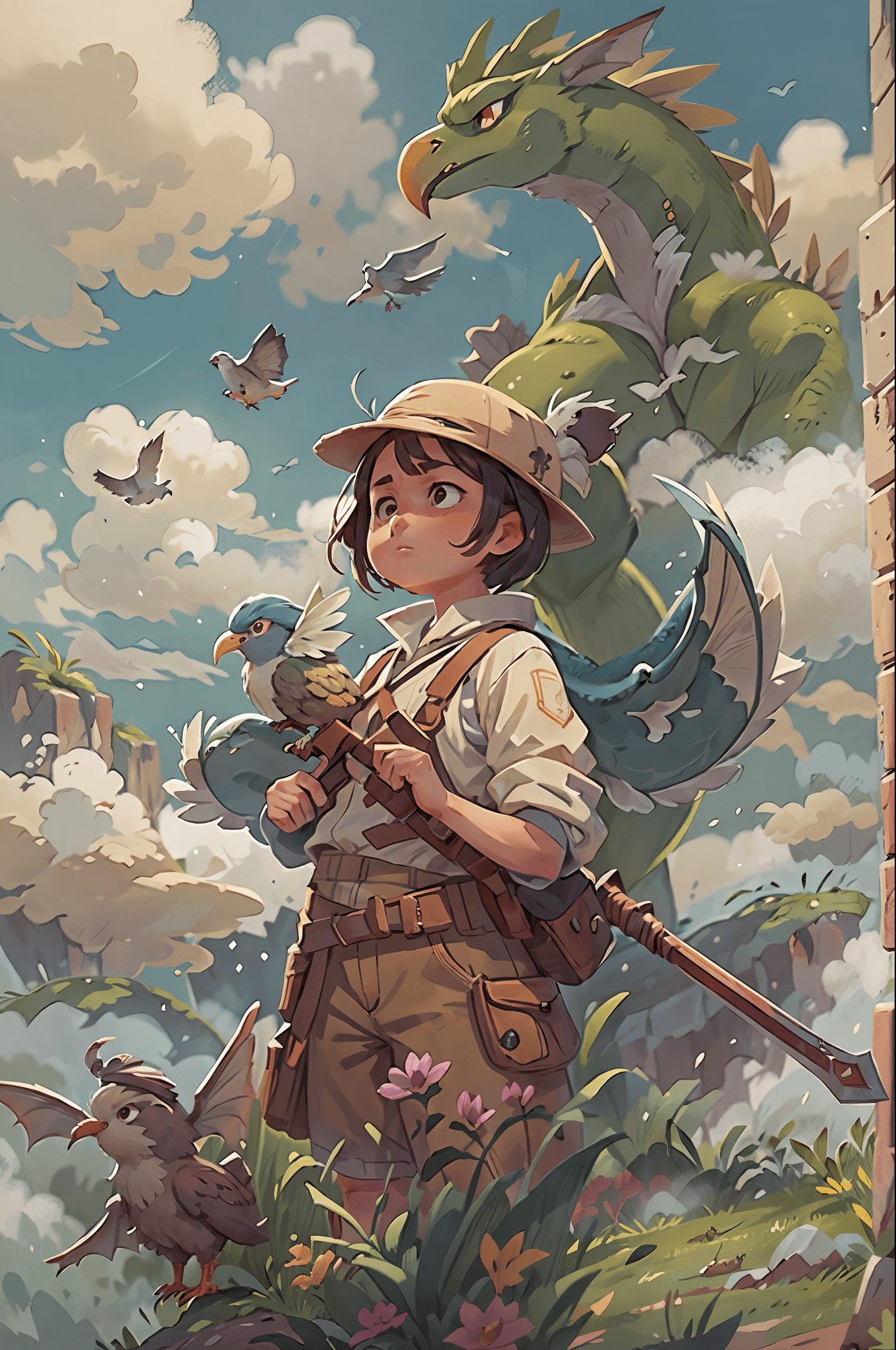 AI generated: "Letterboxed shot of a girl standing outdoors, holding a bird, with clouds in the background. A boy ...