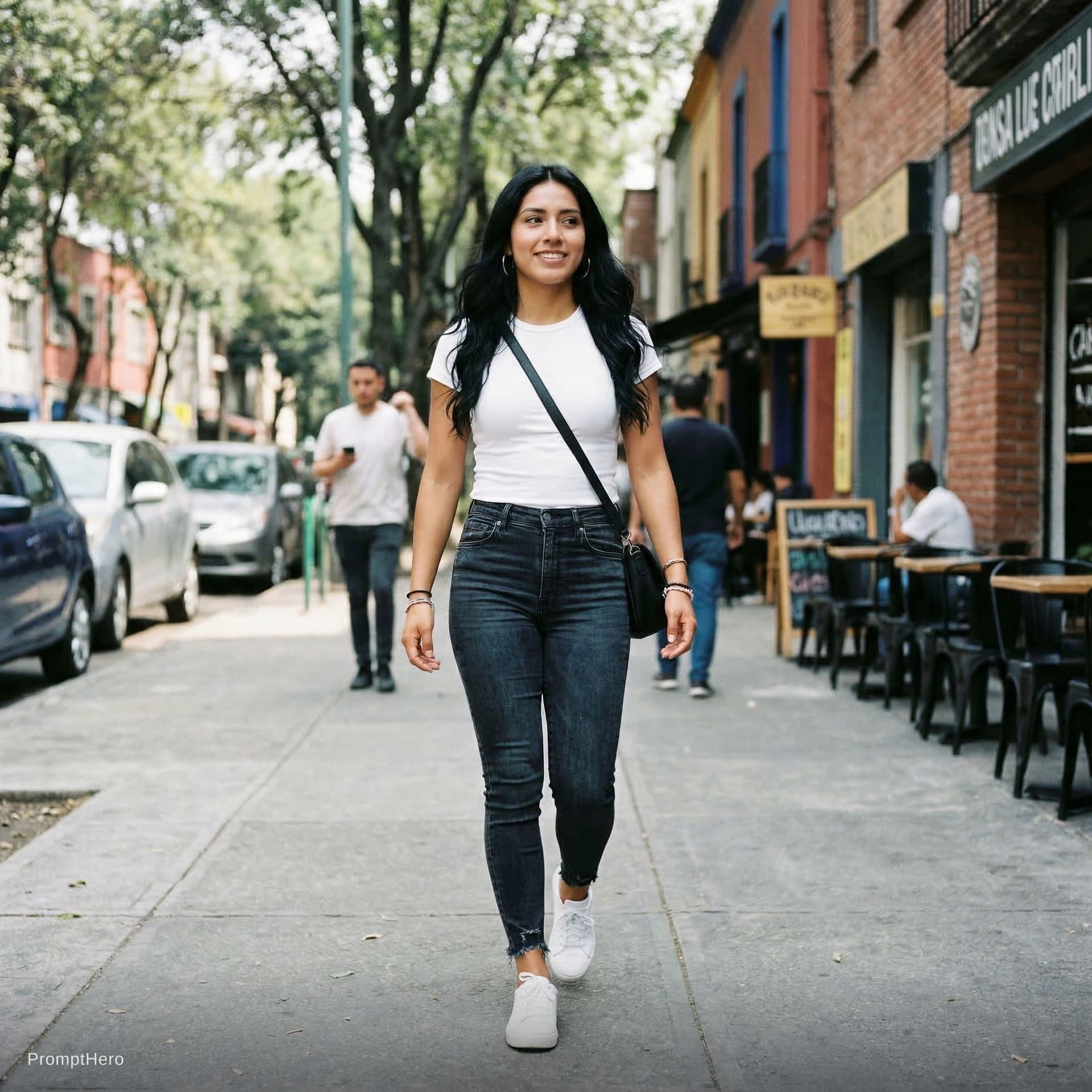 AI generated: a 19 girl,fit body, skinny jeans, round ass, 36D breasts, black long hair, latin girl, xs t-shirt