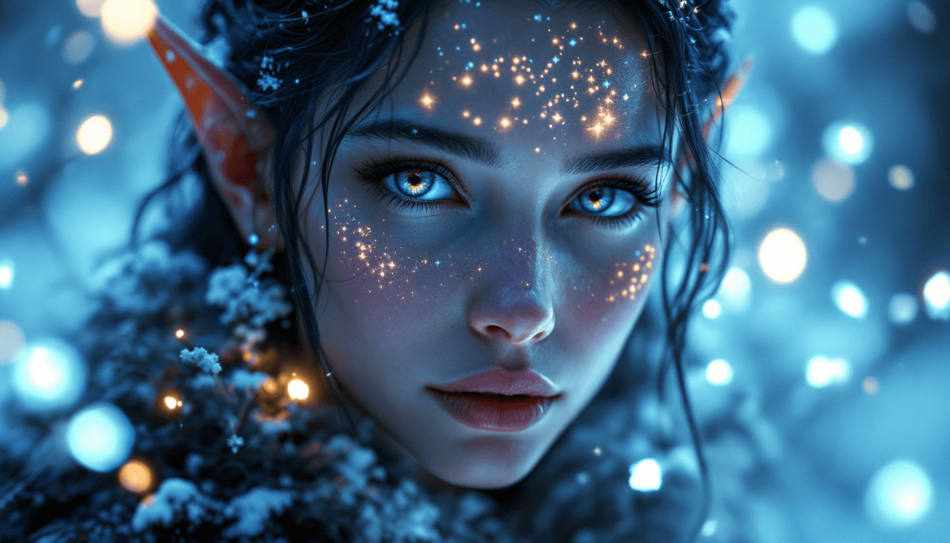 AI generated: A majestic elf face illuminated by the soft glow of luminescent plants, exuding an atmosphere of anc...
