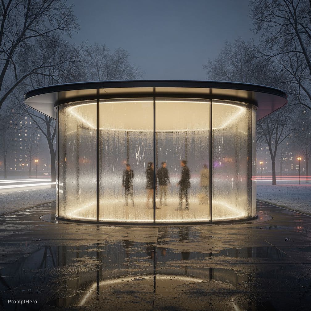 AI generated: modern minimalist architecture, contemporary pavilion design, symmetrical curved structure, panorami...