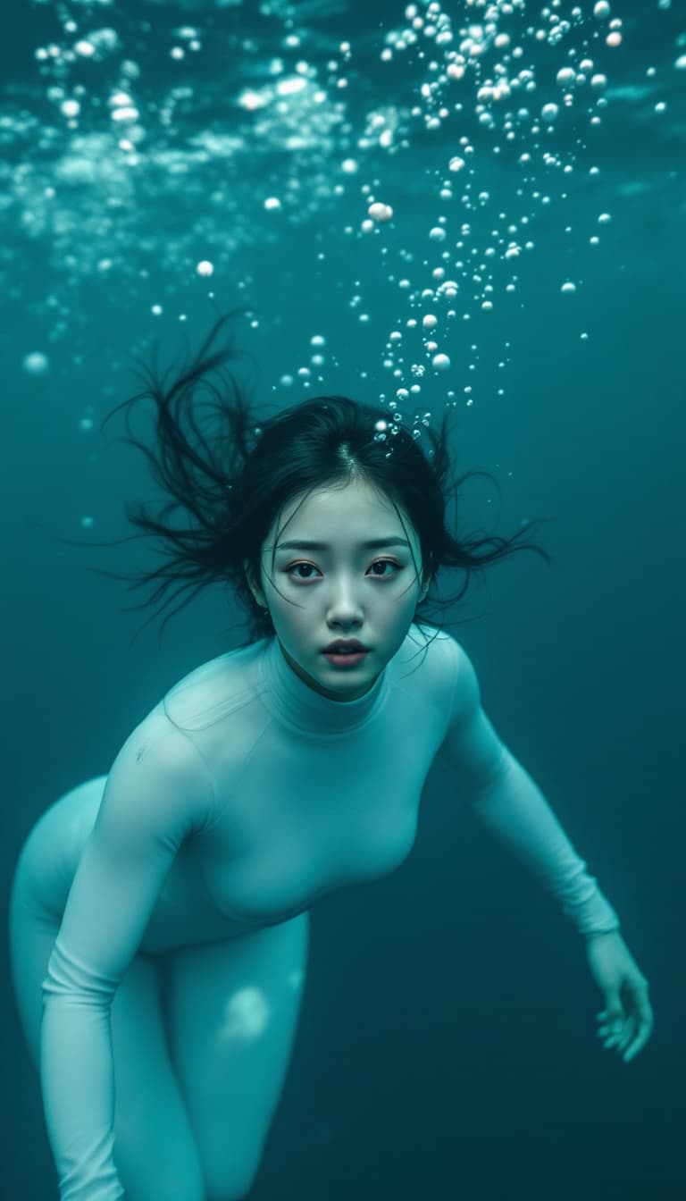 AI generated: High resolution image. A Korean woman is diving into the ocean wearing a white freediving suit. She ...