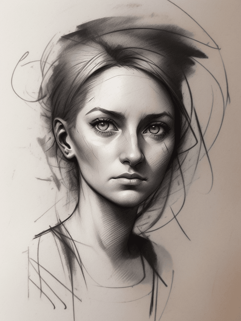 AI generated: Rough charcoal sketch on old paper, female portrait, (((Skylar Vox))), Pronounced ears, clean line a...