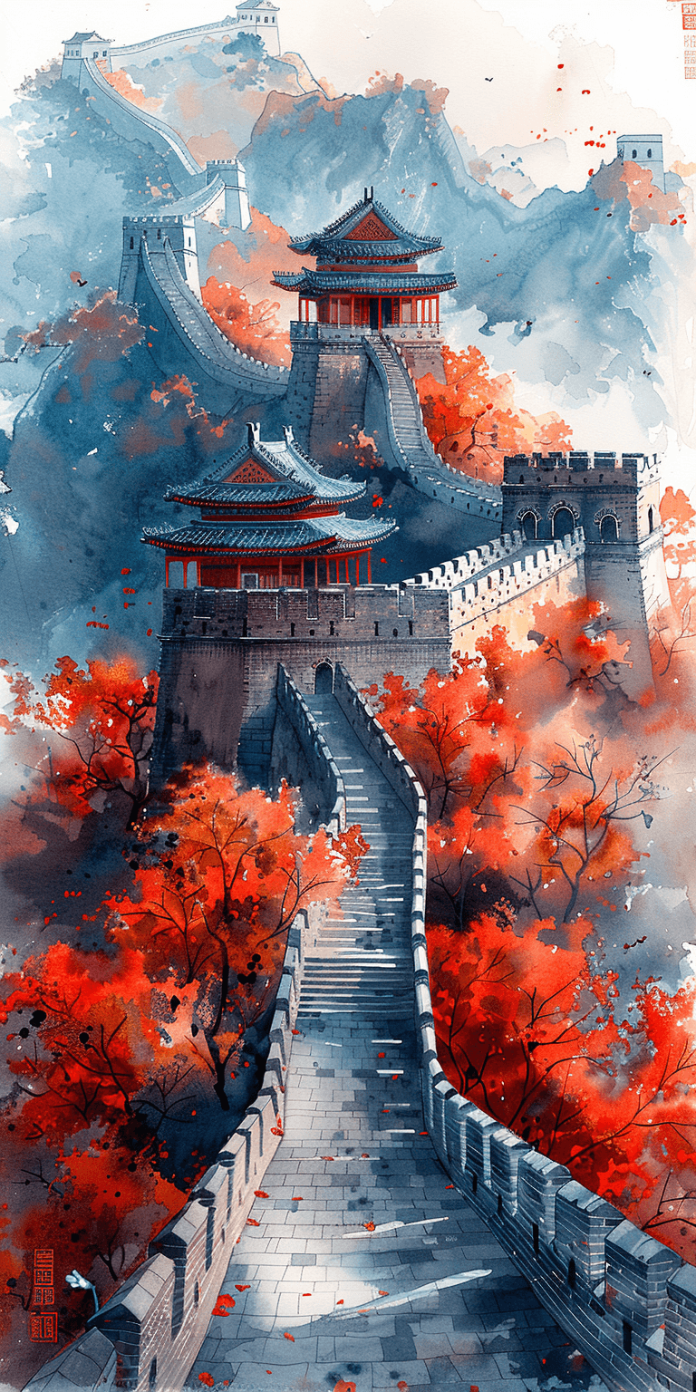 AI generated: watercolor painting of the Great Wall in autumn, in the style of a Chinese ink painting, with an ora...