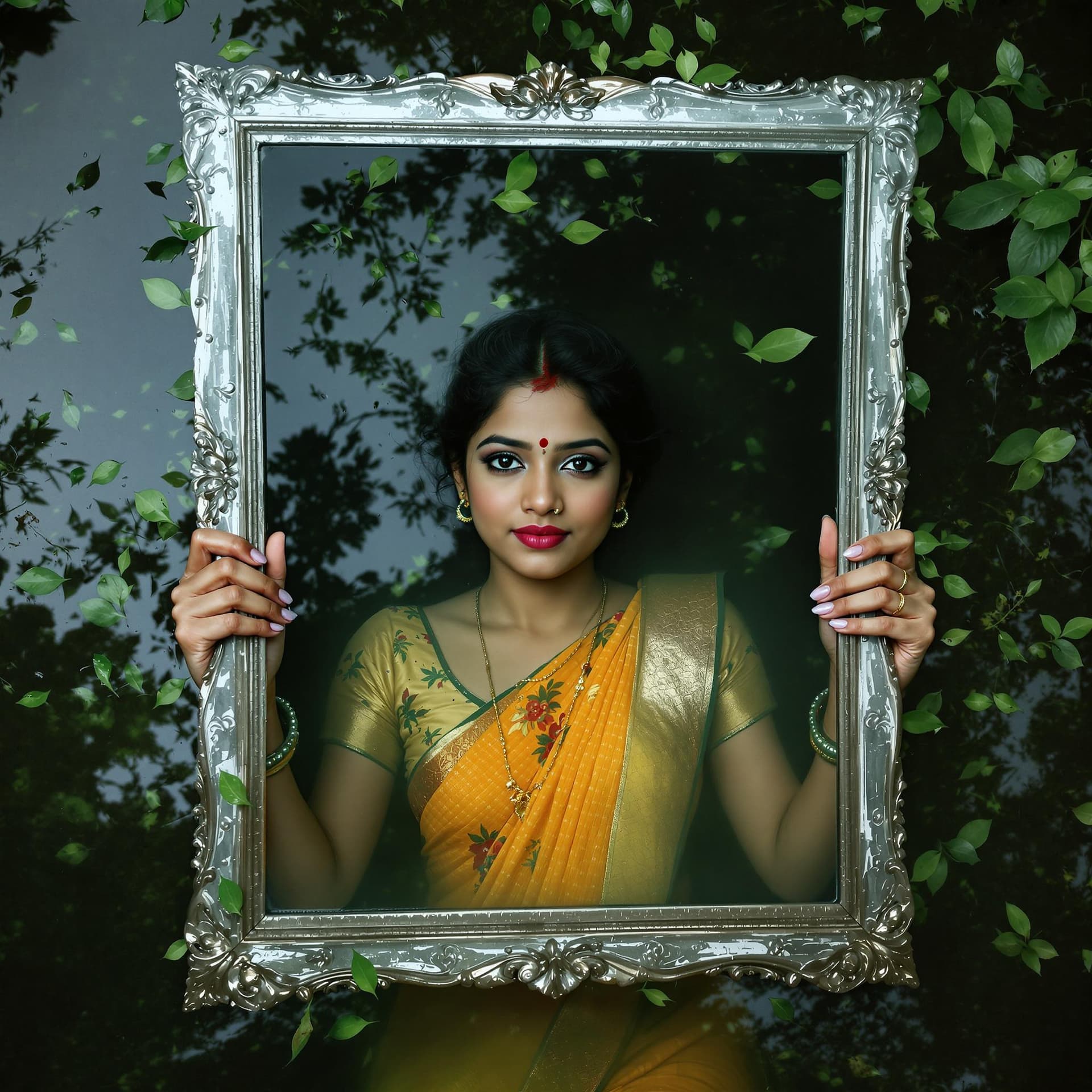 AI generated: Indian girl in Kerala dress laying inside a photoframe in an old kerala pond, half of her body under...