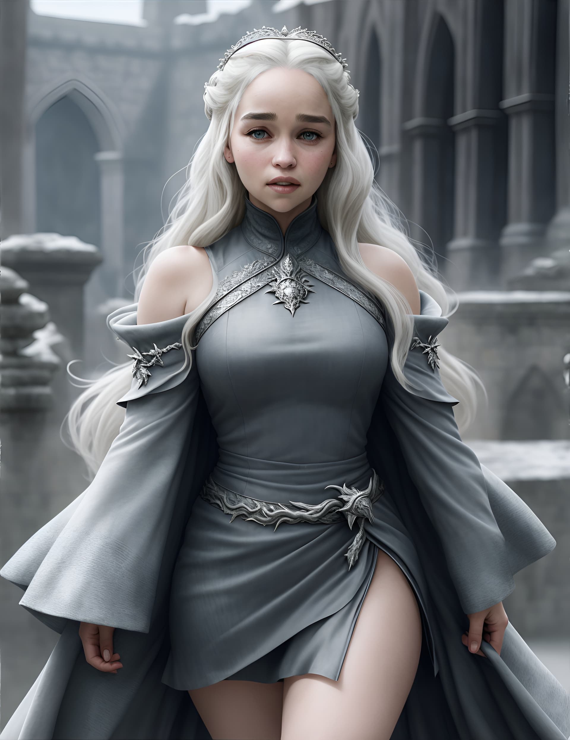 AI generated: "Create a photorealistic portrait of Emilia Clarke wearing a stunning, long, and elegant dress that ...