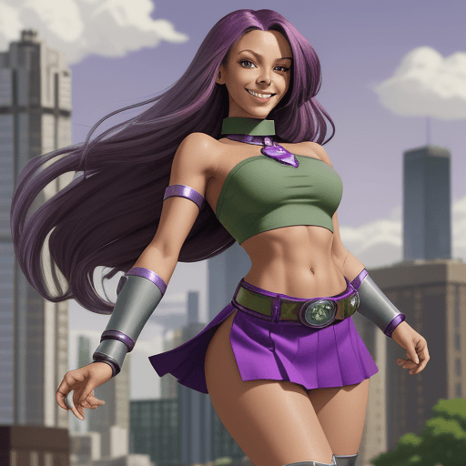 AI generated: Starfire, 2D, drawn, mahogany hair, smile, green eyes, purple skirt, purple crop top, purple boots, ...