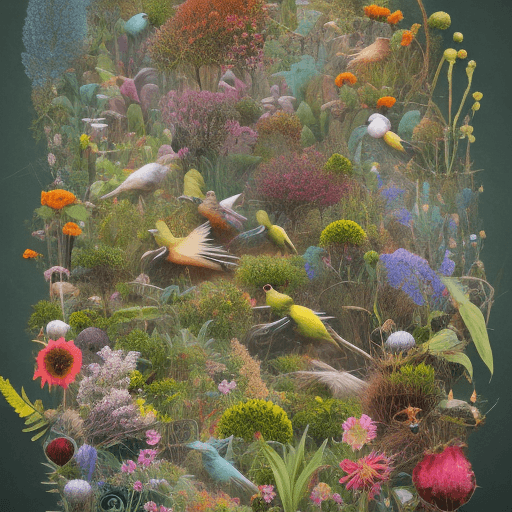 AI generated: Surreal and minimalist illustration of birds combined in layers to form a garden collage with botani...
