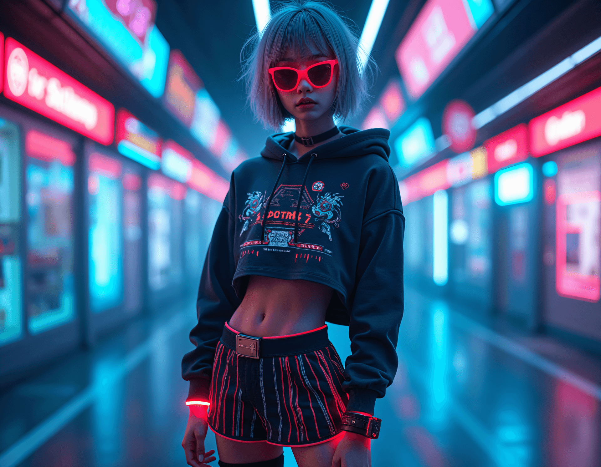 AI generated: a half body photo o young asian cyberpunk female, flat chested, small breasts, toned abs, skin blemi...