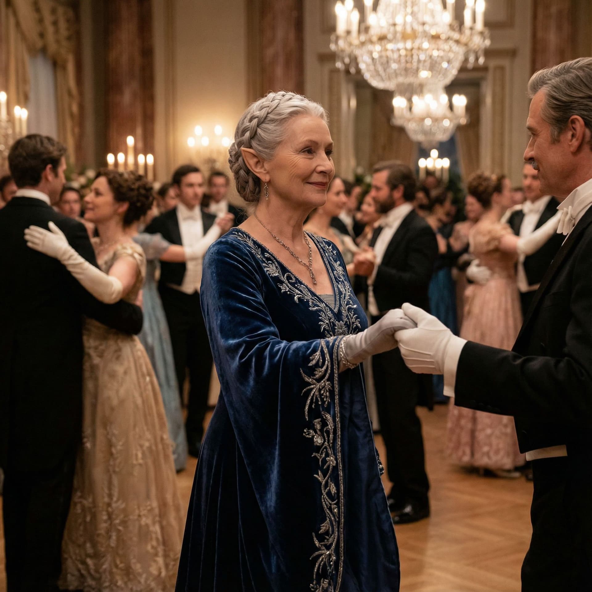 AI generated: an older beautiful elven woman with silver hair in a dress at a ball