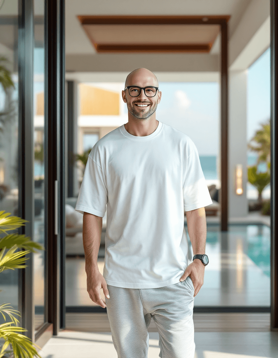 AI generated: Full length shot, Hyper-Realistic photo, young Caucasian bald man, clean face, clean shaved face, ro...