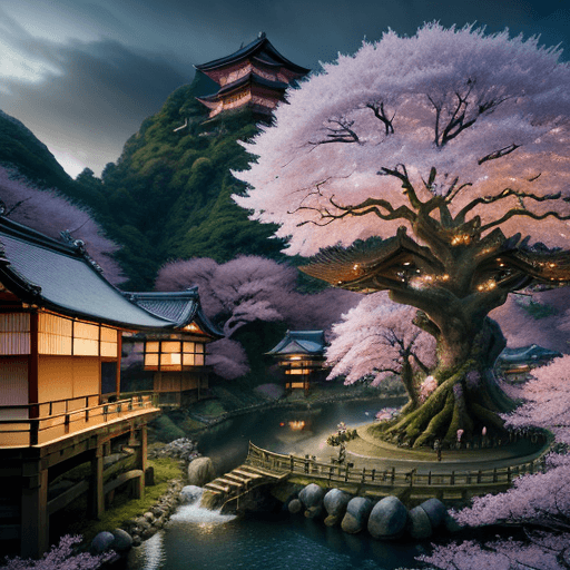 AI generated: vast fantasy landscape with a giant cherry blossom tree, a suspended village is built on the tree, l...