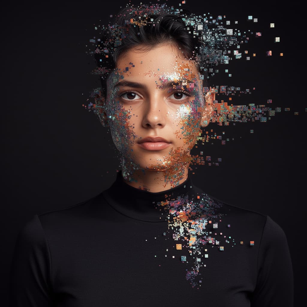 AI generated: portrait of a woman, front shot, gaze, avant-garde styled, wearing a minimalist black wear, features...