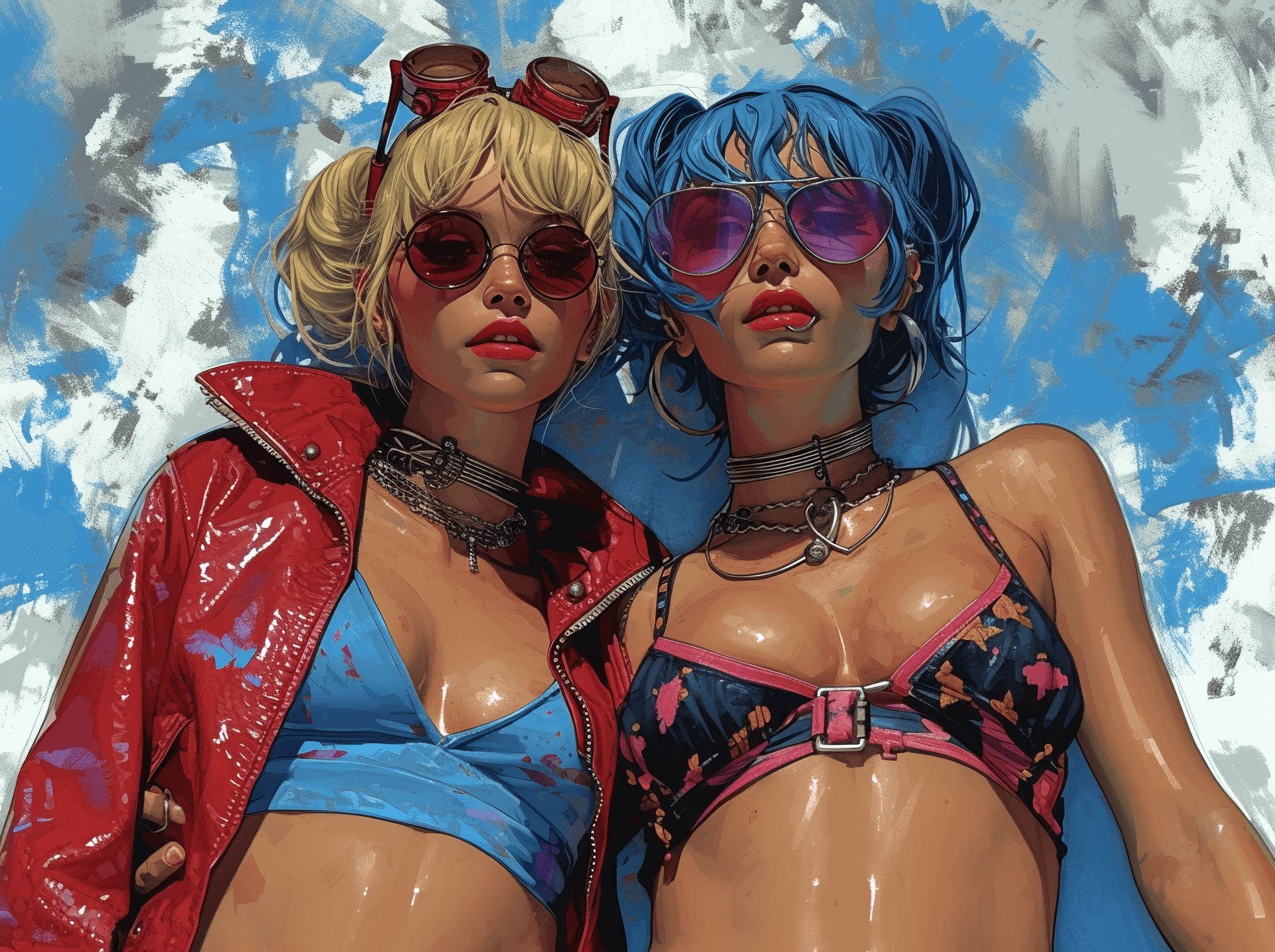 AI generated: an artwork of two women going, in the style of jamie hewlett, hirohiko araki, piratepunk, emerico im...