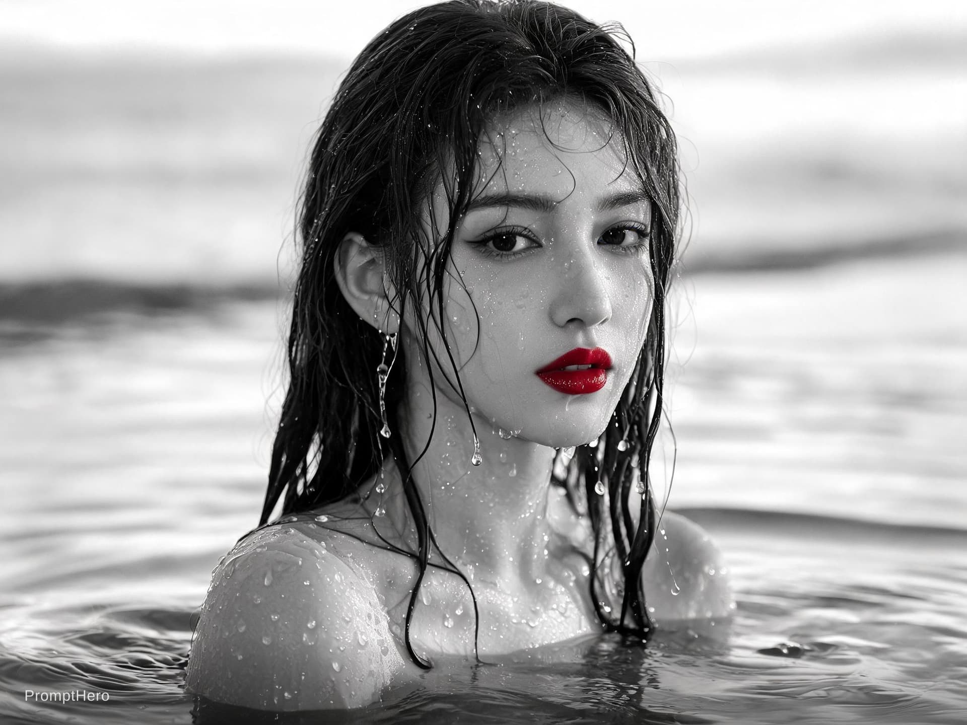 AI generated: photo of a woman in the water, black and white with pops of color, frameless, freya, droplets, magaz...