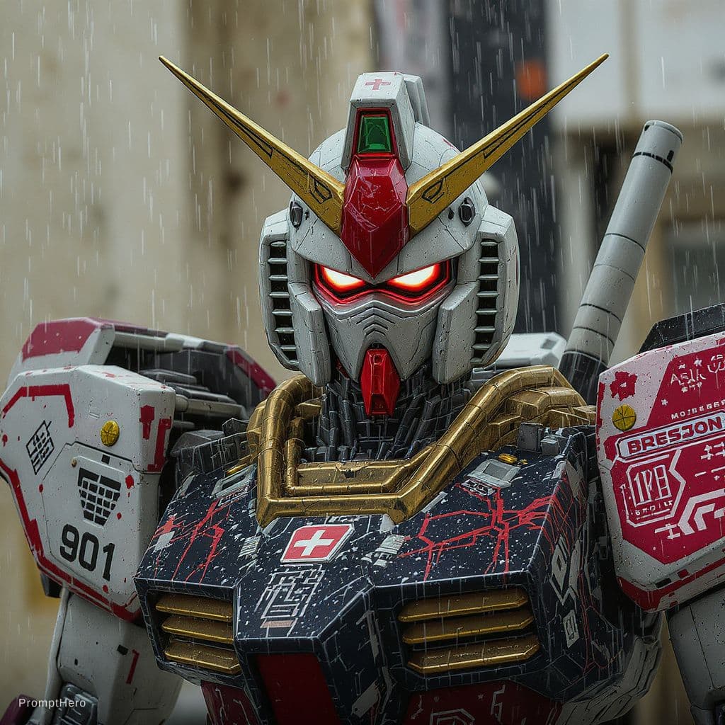 AI generated: gundam rx 78 wearing cyberpunk costume
