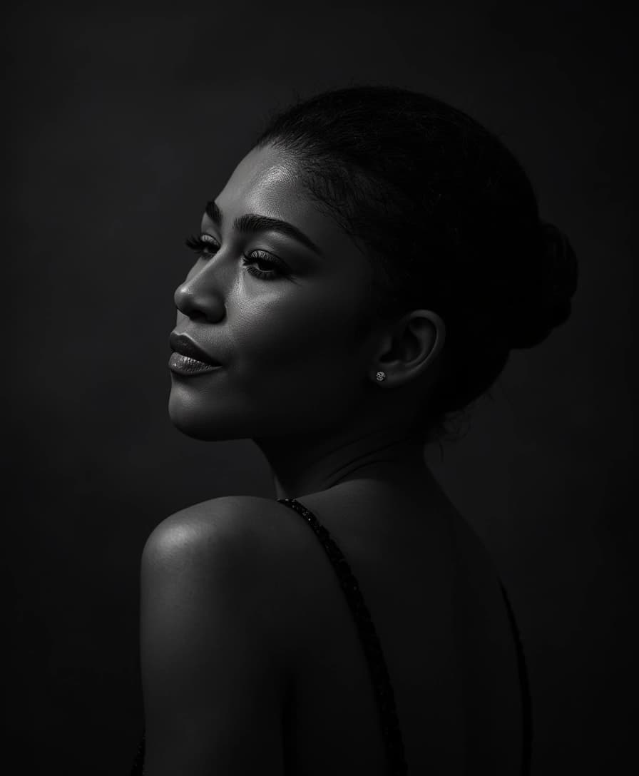 AI generated: Black and white photograph of a woman, cinematic --chaos 75 --ar 4:5 