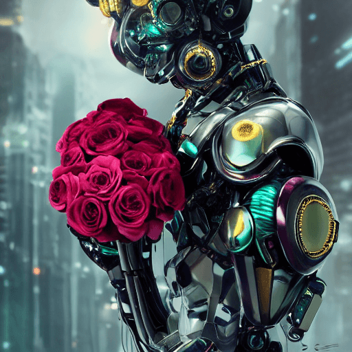 AI generated: beautiful metallic futuristic robot holding bright coloured roses in hand close-up, cyberpunk, intri...