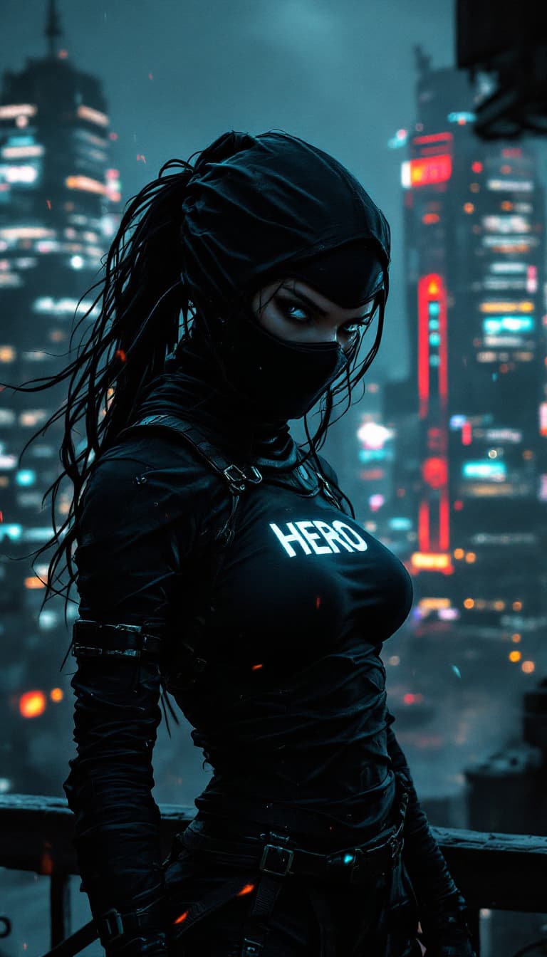 AI generated: Digital artwork, concept art, a female ninja with "HERO" logo on her chest, standing on rooftop with...