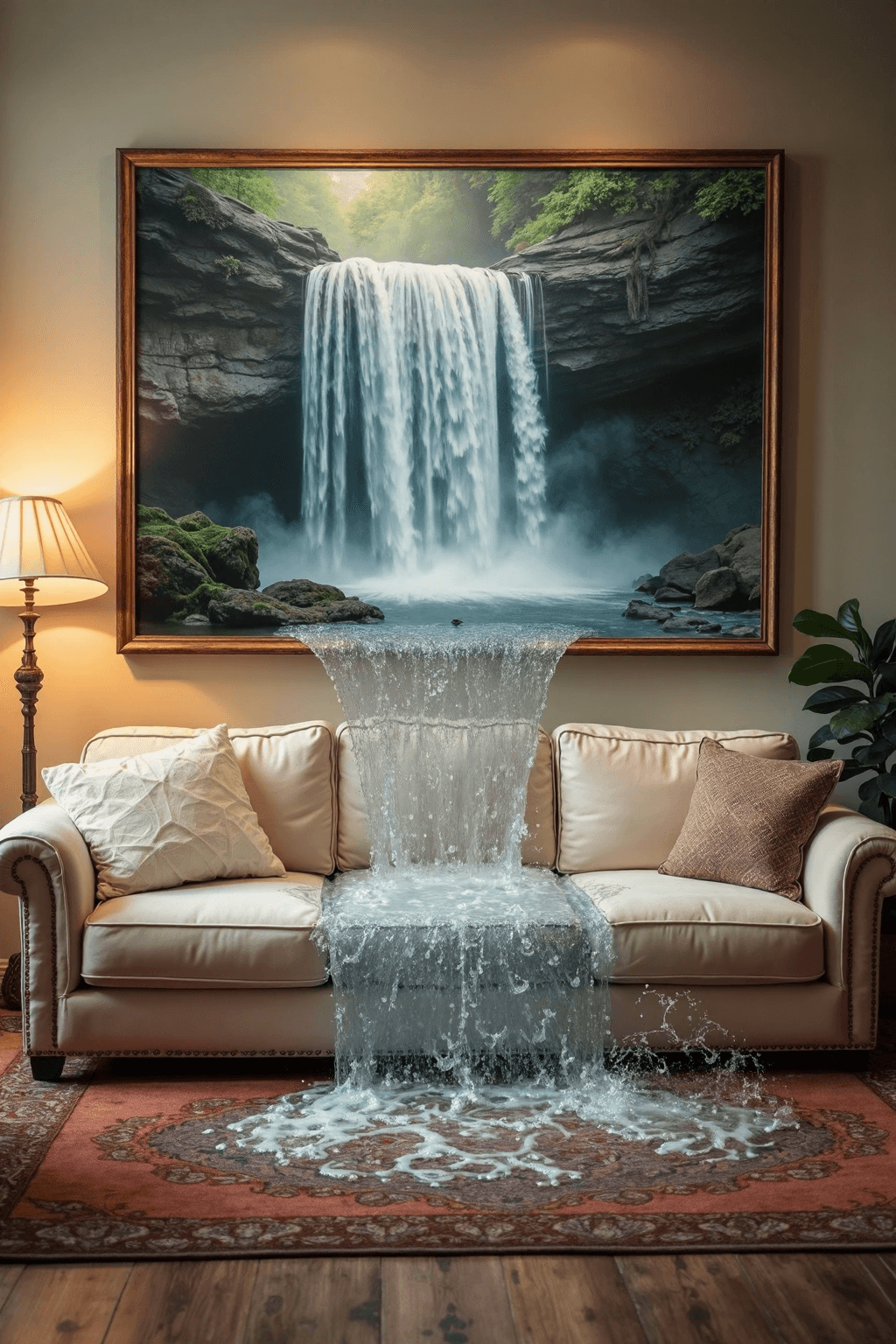 AI generated: A cozy living room with a soft, plush sofa and a warm, patterned rug at the center. Hanging on the w...