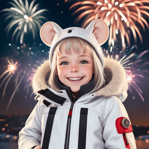 AI generated: cute white little rat in a ski jacket with fireworks and a grin