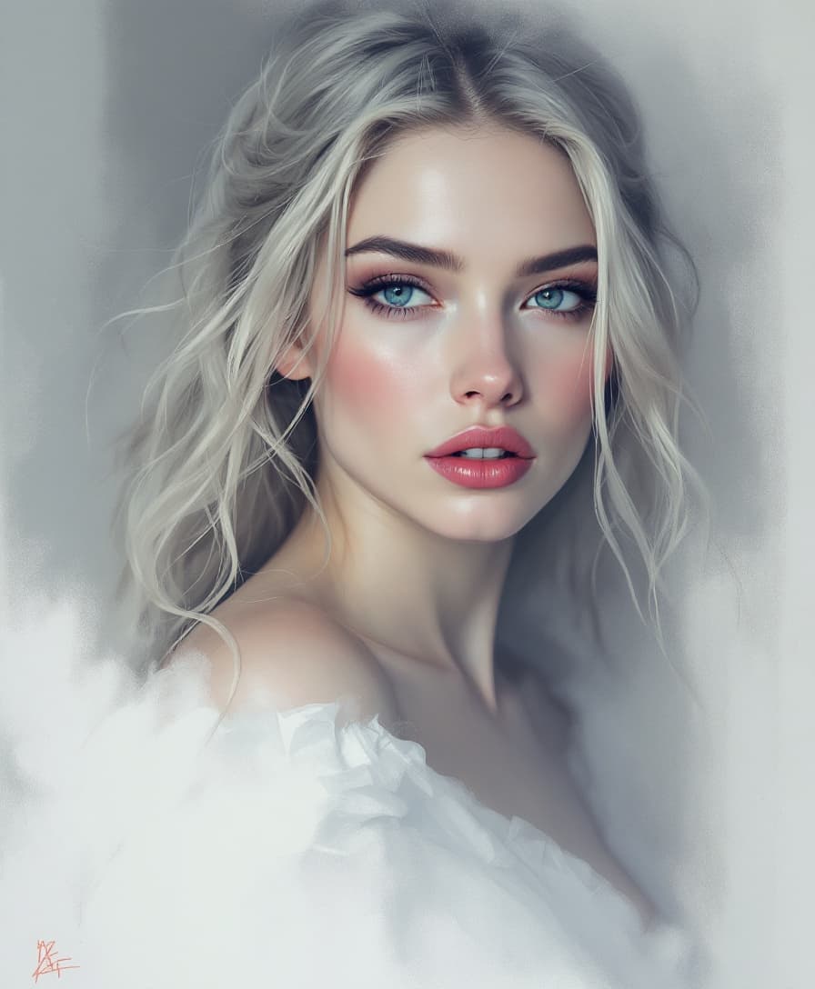 AI generated: Full-length portrait of a woman in the style of Kieron Gillen. Soft greys, deep blues. I can't belie...