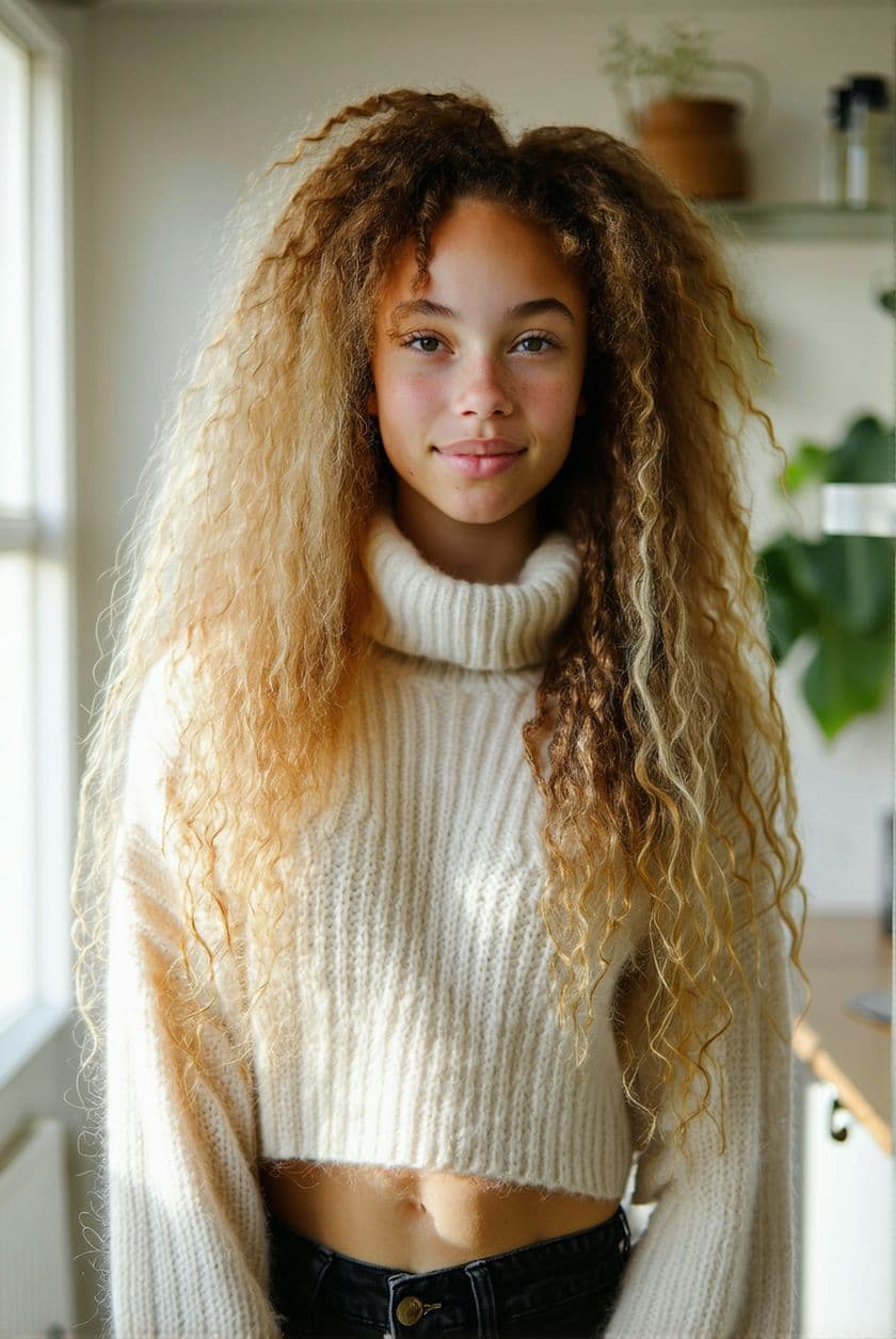 AI generated: lovely beautiful young girl with long blonde curly soft hair, wears a mohair turtleneck crop-top, mo...