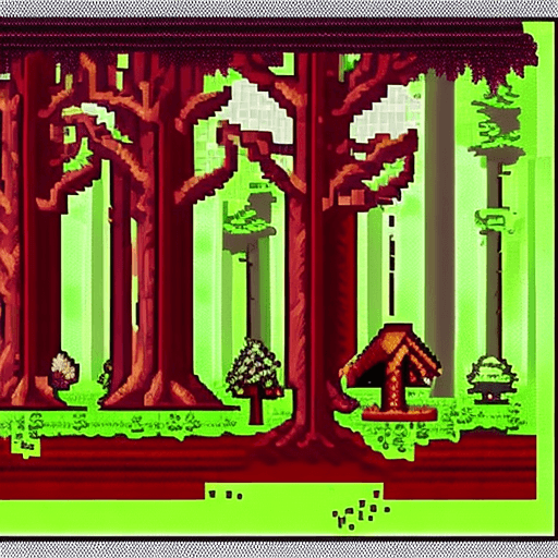 AI generated: pixel art horror forest scroller video game stylized by Castevania 16 bit video game