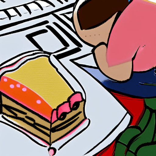 AI generated: a child reading a book with a large cake drawn on it