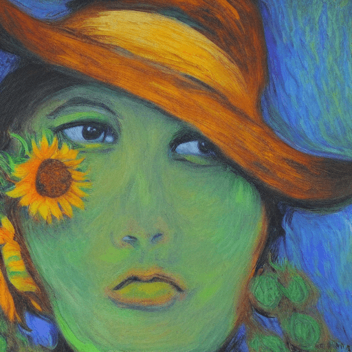 AI generated: expressionist painting, face of woman, sunflower hat, texture, 4k, focused, extreme details, art by ...