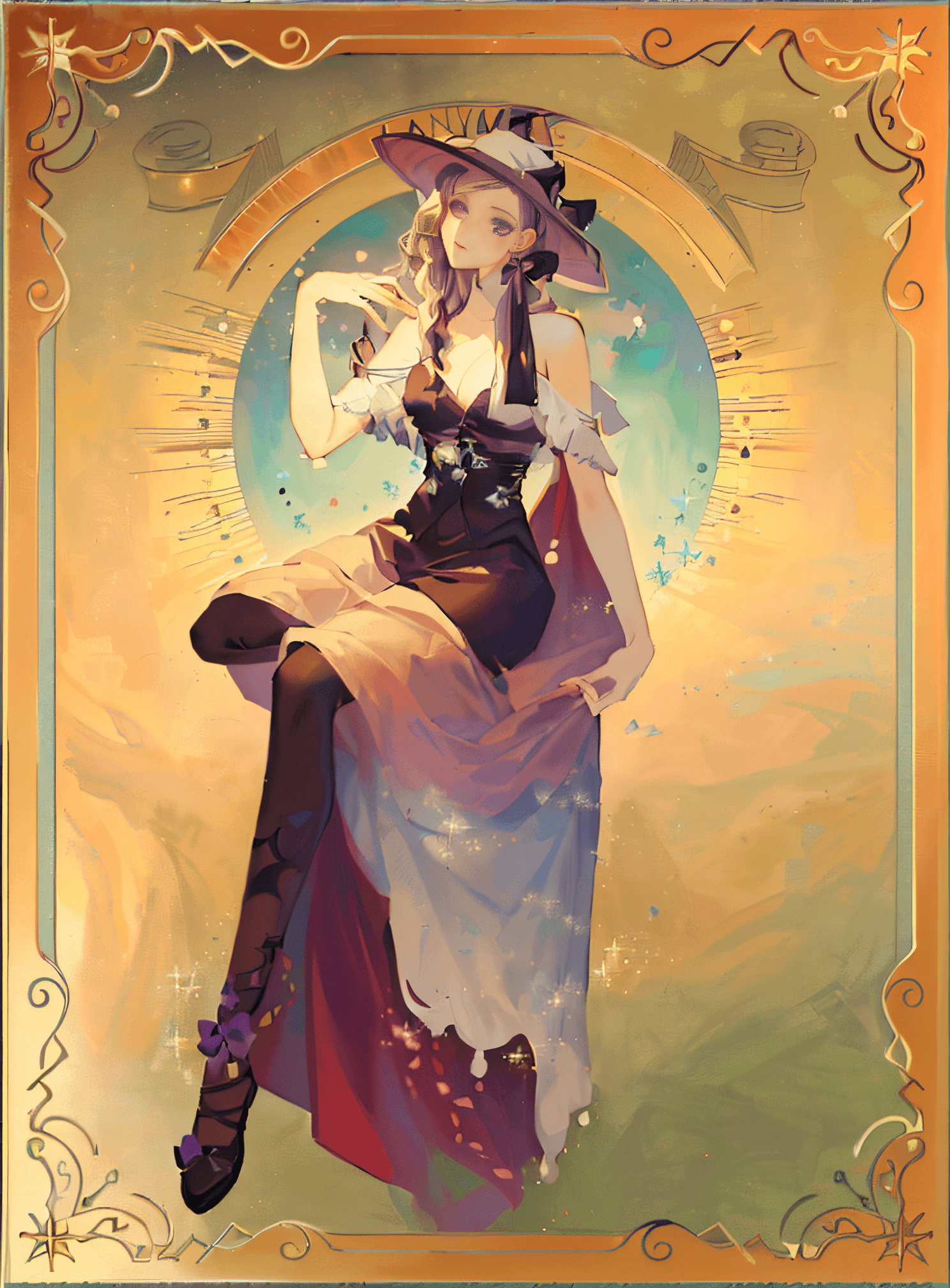 AI generated: a close up of a woman in a dress and hat sitting on a chair, anime art nouveau, anime art nouveau co...