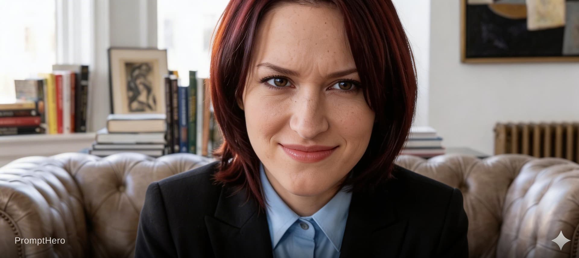AI generated: She smiles slowly, then turns and walks away. A close-up of her face, as the camera focuses on her l...