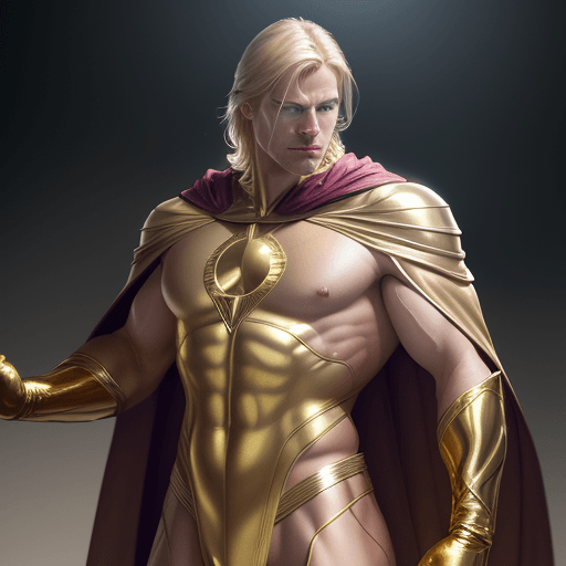 AI generated: male super hero named champion blond hair, no symbol, skin tight gold suit, gold cape, gold gloves, ...