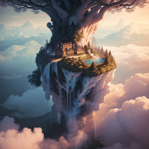 AI generated: Medusa watching whole world amidst clouds, early morning lighting, magical atmosphere, misty trees, ...