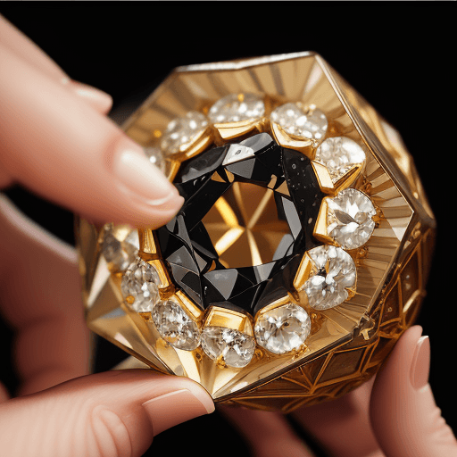 AI generated: detail shot of an exquisite logo made of diamonds and gold saying "REESE" Canon EOS 5D Mark IV, pair...