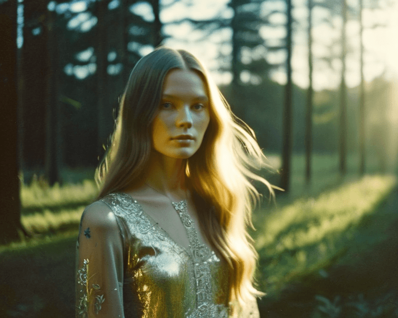 AI generated: AnalogRedmAF, a danish fashion model with long hair, polaroid by andrei tarkovsky, golden hour, deep...