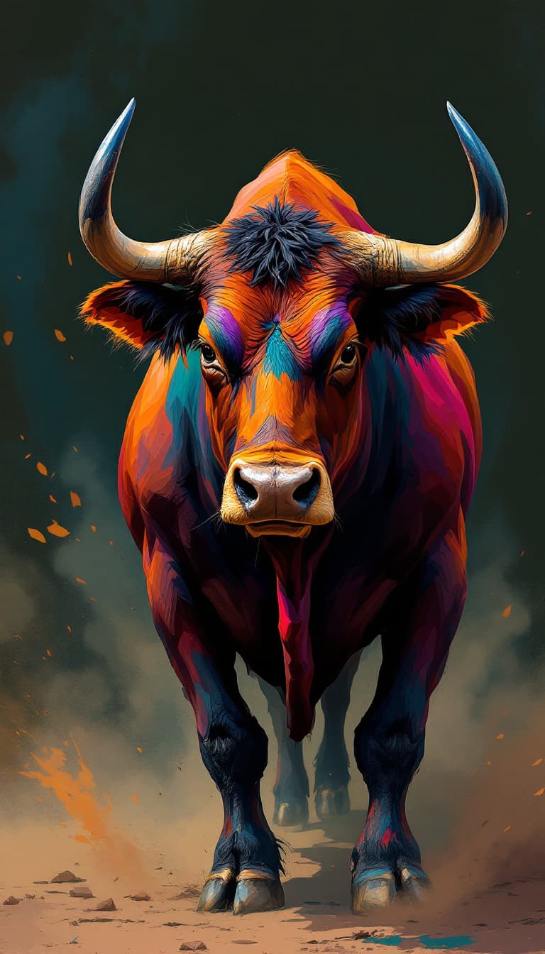 AI generated: series of a fighting bull full body with, modern portrait series of a nelore cattle in colorful wear...