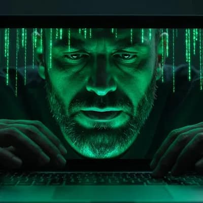 AI generated video: 6-second video. Close up shot of the bottom half of a bearded man's face and his laptop screen, hunc...